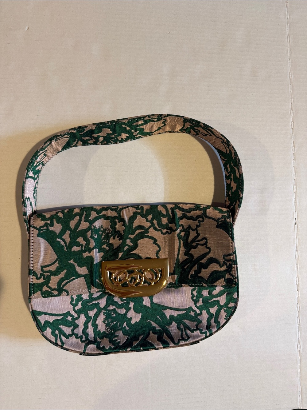 Green and Beige Floral Jacquard Shoulder Bag with Gold Hardware